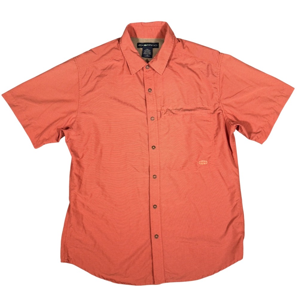 ExOfficio Shirt Mens Large Orange Nylon Blend Hiking Outdoor Short Sleeve Button